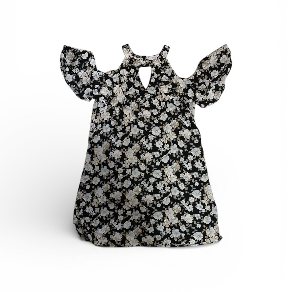 Candie's Black, Gold and White Floral Mini Cold Shoulder Dress Size M